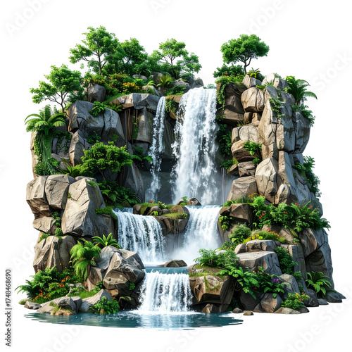 A tiered waterfall cascades over rugged rocks, lush greenery surrounds the serene water feature