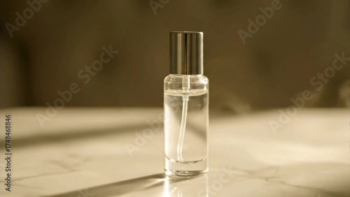 Clean and clear glass container with water and transparent perfume bottles on a white surface