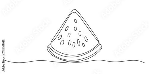 Simple continuous line drawing of a juicy watermelon slice with seeds minimalist art vector