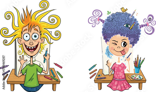hildren drawing self-portraits, kids creative art, coloring activity, imagination, fun play, childhood learning, artistic expression, crayons, playful creativity, classroom project