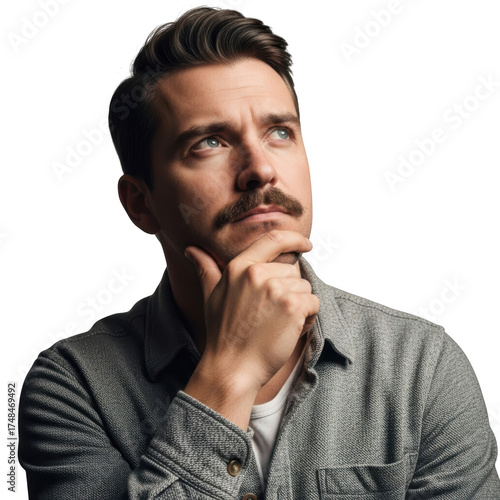 Man with mustache thinking deeply isolated on transparent background