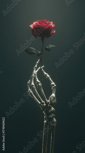 A skeletal hand delicately holds a single, dark red rose against a moody, dark gray background.  The lighting is dramatic, highlighting the contrast between life and death