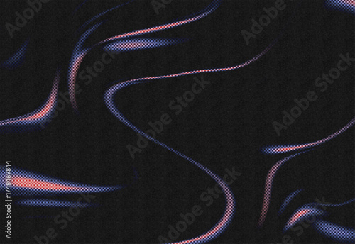 A modern abstract background with flowing liquid lines and smooth energy waves in a vibrant pink and blue gradient over a dark halftone pattern