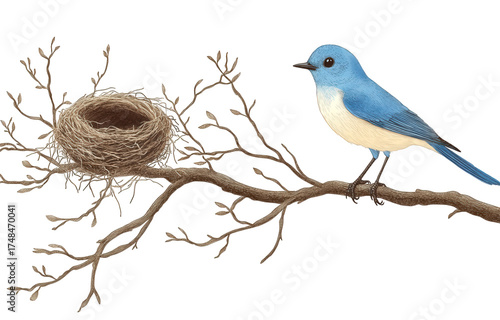 A blue bird perched on a branch next to a nest, set against a transparent background, creating a serene and natural scene, isolated on transparent background
