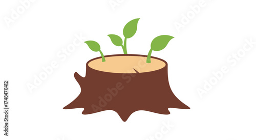 Brown Tree Stump with Three Green Sprouts Growing.