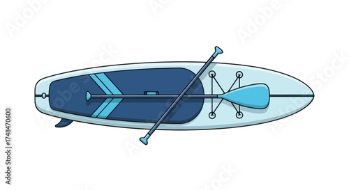 Overhead View of a Blue and White Stand-Up Paddleboard with Paddle.