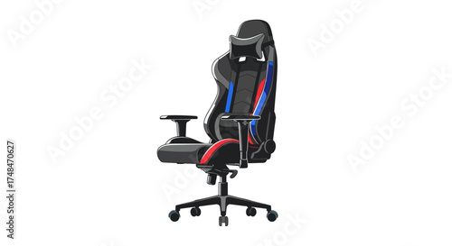 Sleek black red and blue ergonomic gaming chair with a high back and adjustable armrests.