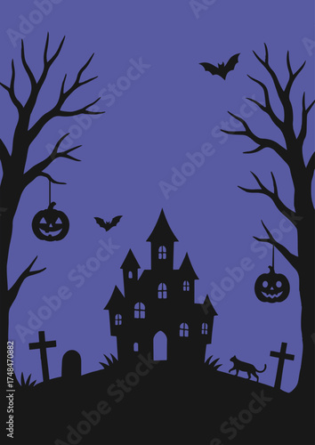 お化け屋敷と枯れ木のハロウィン背景（紫）