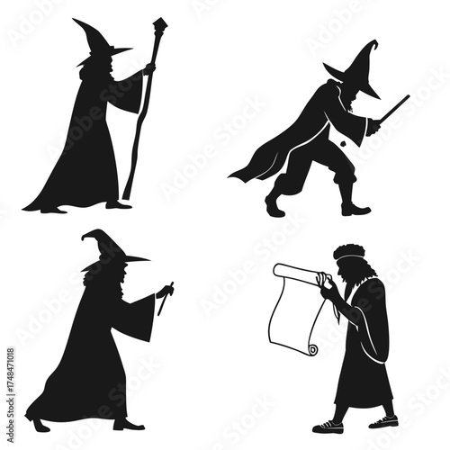 Four black silhouette wizard designs with staffs and scrolls