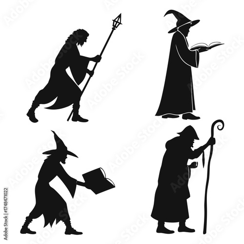 Four black silhouette wizard figures with books and staffs