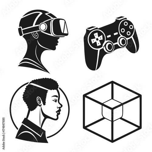 Black silhouette designs vr headset controller person cube