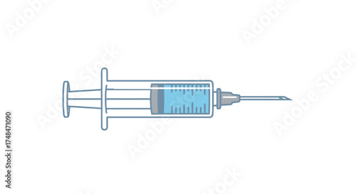 Medical syringe filled with blue liquid and sharp needle.