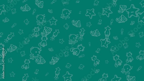 Doodle animal repeating pattern with outlined cats, octopuses, and seashells for charming design use in textiles, stationery, and kids products.
