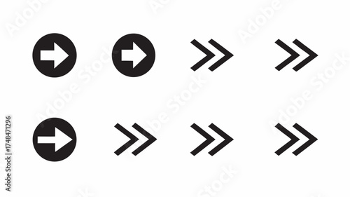 Illustration of a set of eight black arrows pointing right in various styles and configurations design | editable eps vectors silhouette