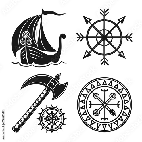 Black viking ship axe and nordic symbols vector longship