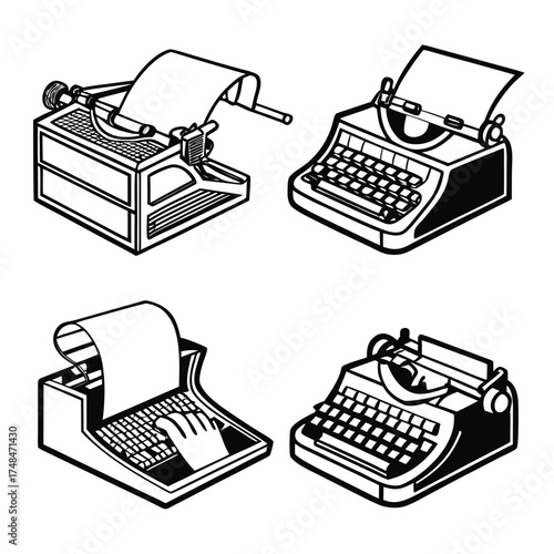 Four black and white vector illustrations of typewriters 1