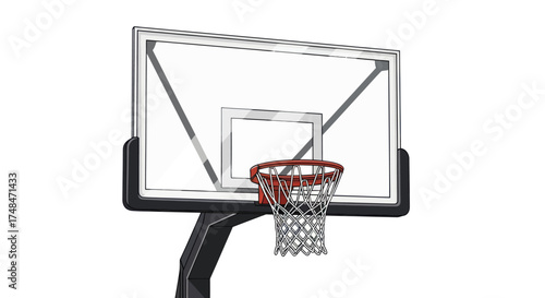 Basketball hoop with transparent backboard and red and white net.