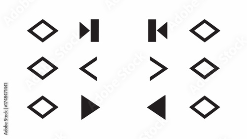 Composition featuring nine geometric shapes including diamonds and arrow symbols arranged in a grid | editable eps vectors silhouette