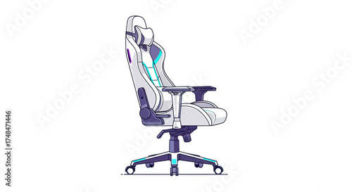 Ergonomic White and Blue Gaming Chair with Adjustable Features.
