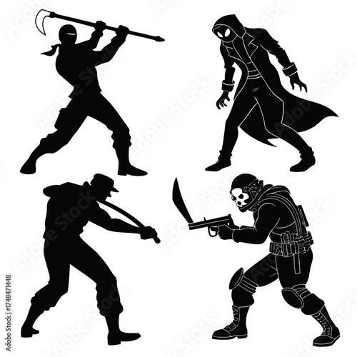 Four black silhouette characters in action poses vector