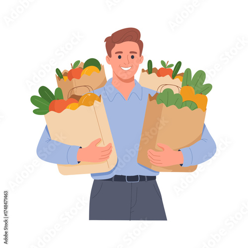 Happy man carrying shopping bags full of fresh groceries