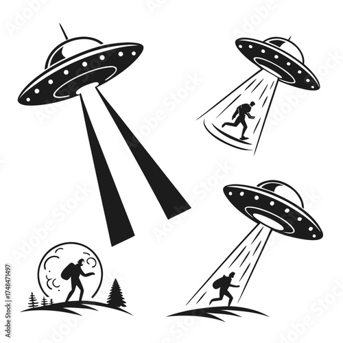 Four black silhouette designs of ufos abducting people