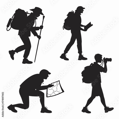 Four black silhouette travelers with backpacks and gear