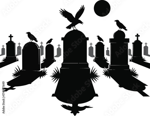 Spooky Cemetery Silhouette with Full Moon and Ravens in Dramatic Black and White