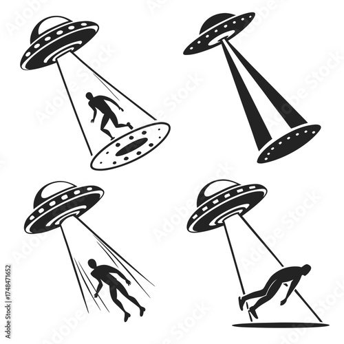 Four black silhouette U F Os abducting humans with light beams