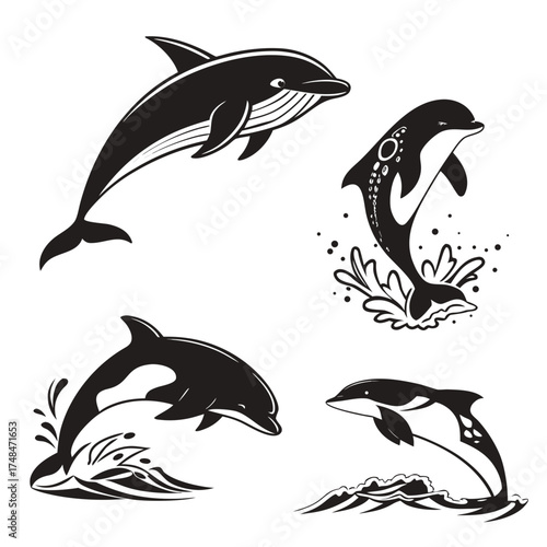 Four black silhouette vector designs of dolphins leaping from water