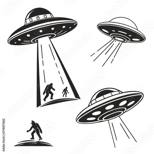 Four black silhouette U F Os abducting figures flying saucer