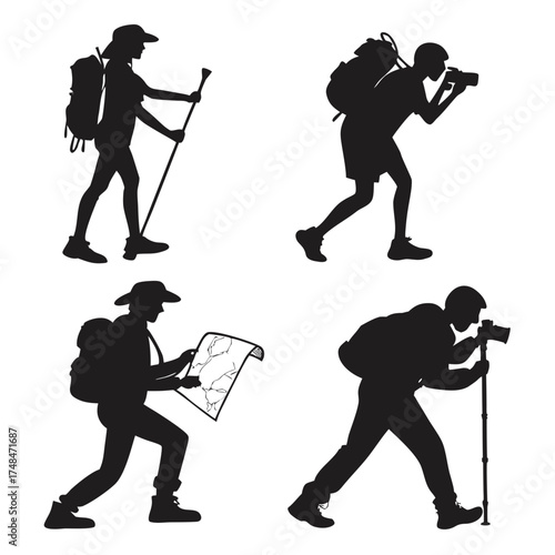 Four black silhouette vector designs of hikers with backpacks