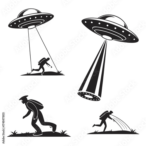 Four black silhouette vector designs of ufos and people
