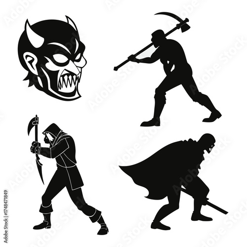 Four black silhouette vector designs of villains and mythical creatures