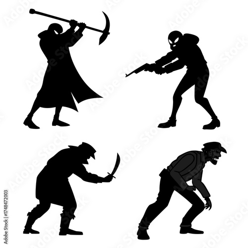Four black silhouette villain characters with weapons