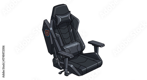 A modern black ergonomic gaming chair with a high back headrest pillow and adjustable armrests.