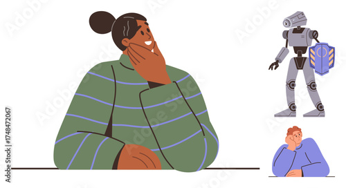 Person thoughtfully resting chin on hand, futuristic robot holding a shield, and another pondering individual. Ideal for AI, technology, ethics, decision-making, innovation, futurism reflection