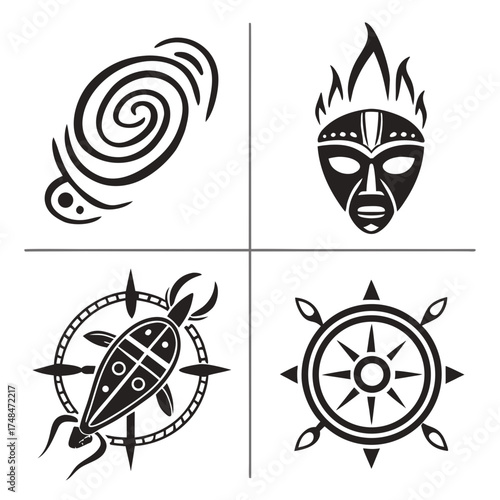 Four black tribal vector symbols on white background