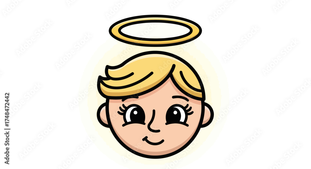 Fototapeta premium Cartoon Angel Face with Halo Blonde Hair and Smiling Expression.
