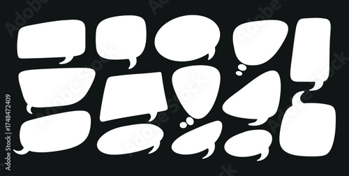 Set of Blank Comic Speech Bubbles and Thought Balloons, white rounded geometric shapes on black background, minimal retro pop art style, vector illustration for poster, banner, card design