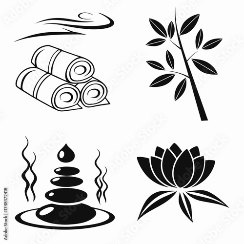 Black silhouette spa elements bamboo lotus stones rolled towels