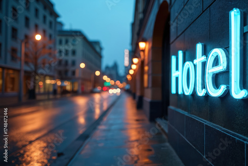 Neon sign lights up hotel facade at night on wet city street. Buildings and streetlights create blurred bokeh background. Urban travel lodging business scene.
