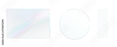 Holographic glass shapes isolated on white, minimal modern design.
