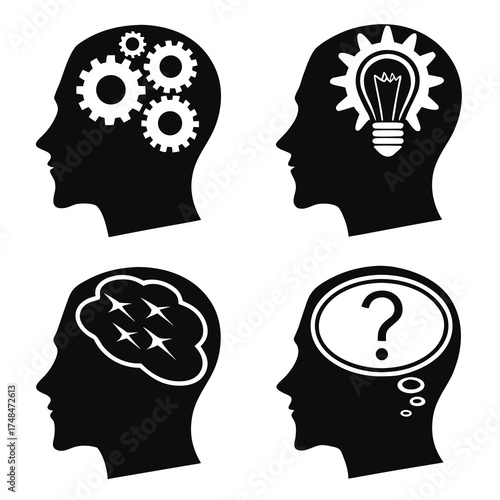 Four black silhouette heads with internal thought symbols