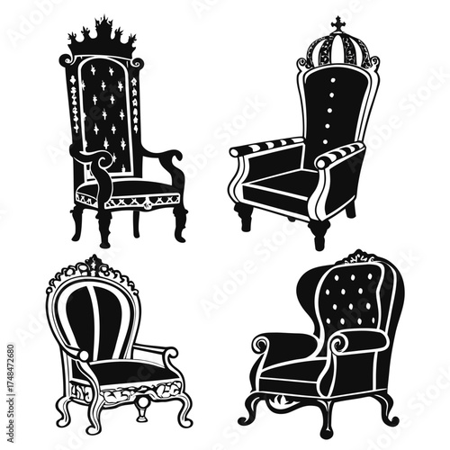 Four black silhouette ornate throne chairs royal king