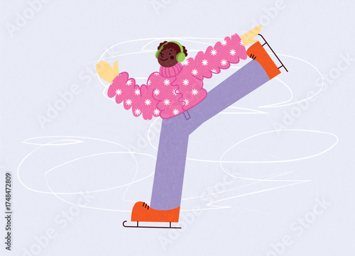Girl ice skating in pink puffy sweater with snowflakes, lilac pants and orange skates, smiling in earmuffs. Winter outdoor fun, leisure activity. Vector illustration for festive card, banner, poster