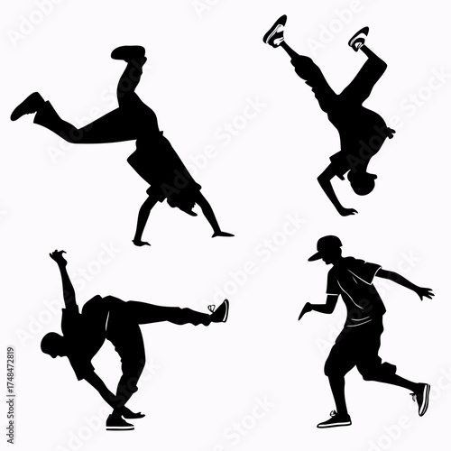 Four black silhouette street dancers in dynamic poses