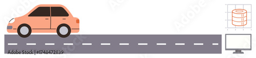 Orange car on a highway, database structure, and screen representing automotive technology. Ideal for smart vehicles, IoT, machine learning, AI, automation, mobility solutions simple flat metaphor