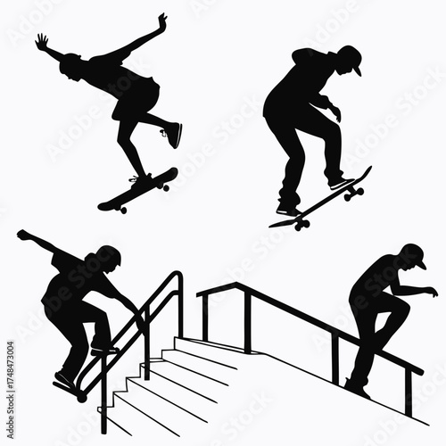 Four black silhouette vector designs of skateboarders performing tricks