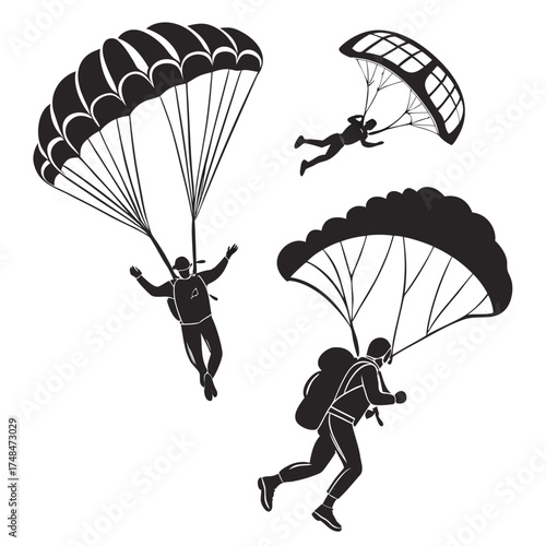 Four black silhouette vector designs of skydivers skydiving 1